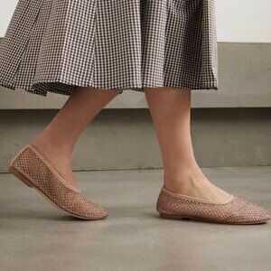 Staud Alba leather-trimmed crystal-embellished mesh ballet flats